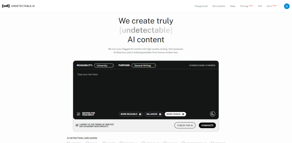 Undetectable AI homepage